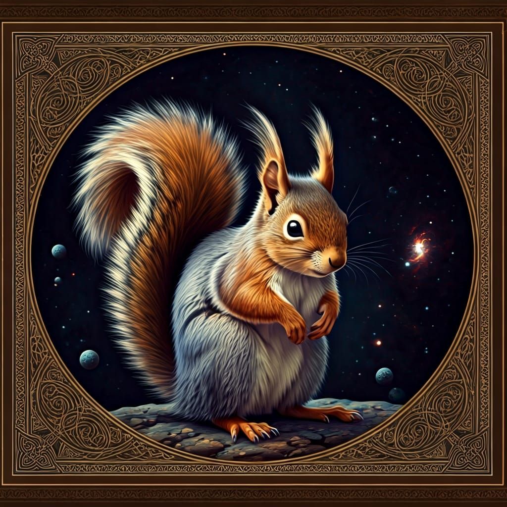Squirrel Among the Stars in Pre-Raphaelite Style