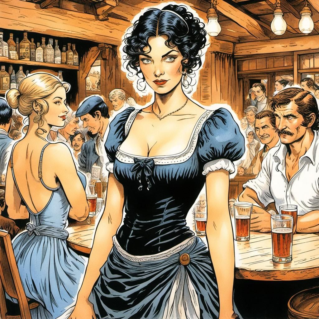 Tavern Wench Flirting: Black Ink Comic Illustration