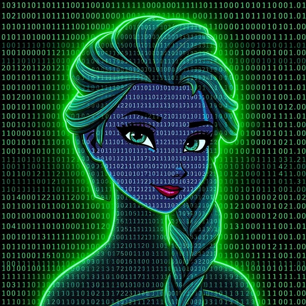 Luminous Cyberpunk Portrait with Binary Code Background