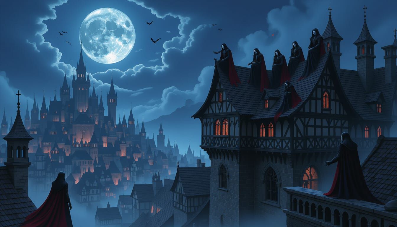 Vampire Flock on Gothic Rooftops at Night