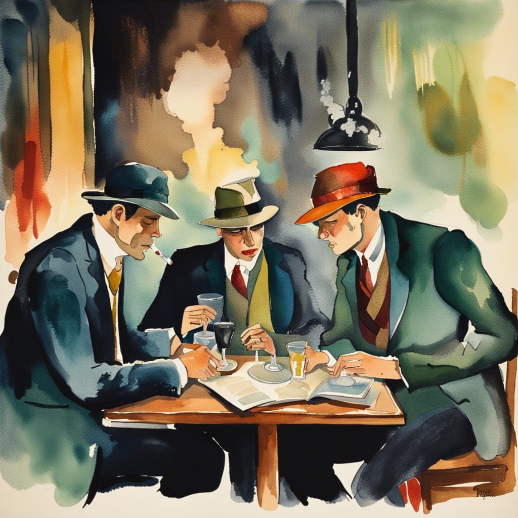 1920s Noir Bohemian Scene in Watercolor