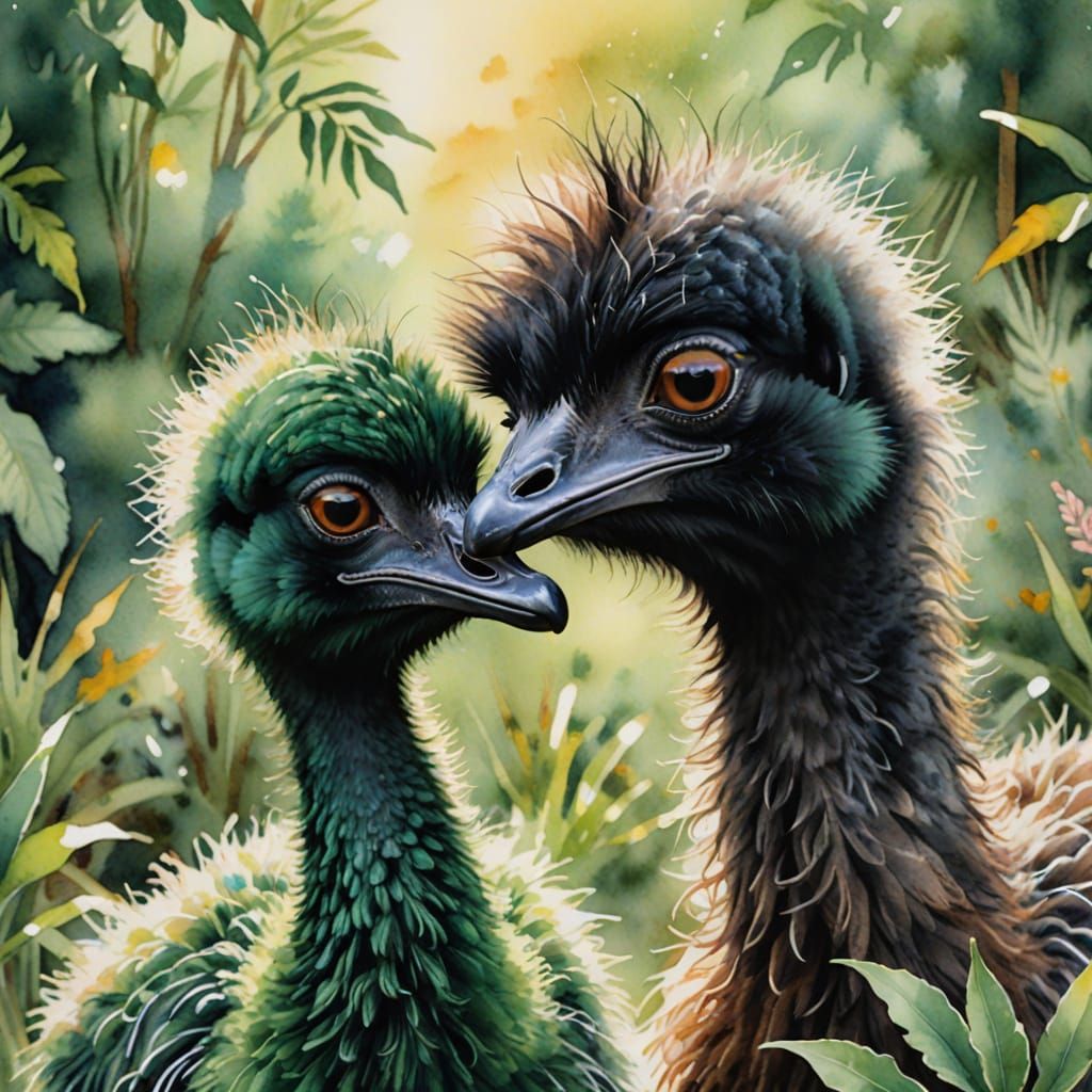 Whimsical Watercolor Portrait of a Green-Eyed Emu and Bunny