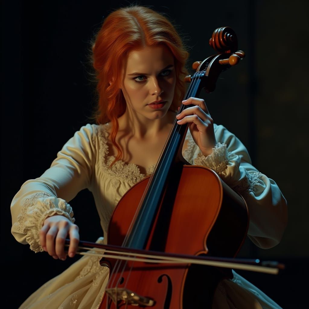 Woman in Royal Dress Plays Cello: Cinematic Still