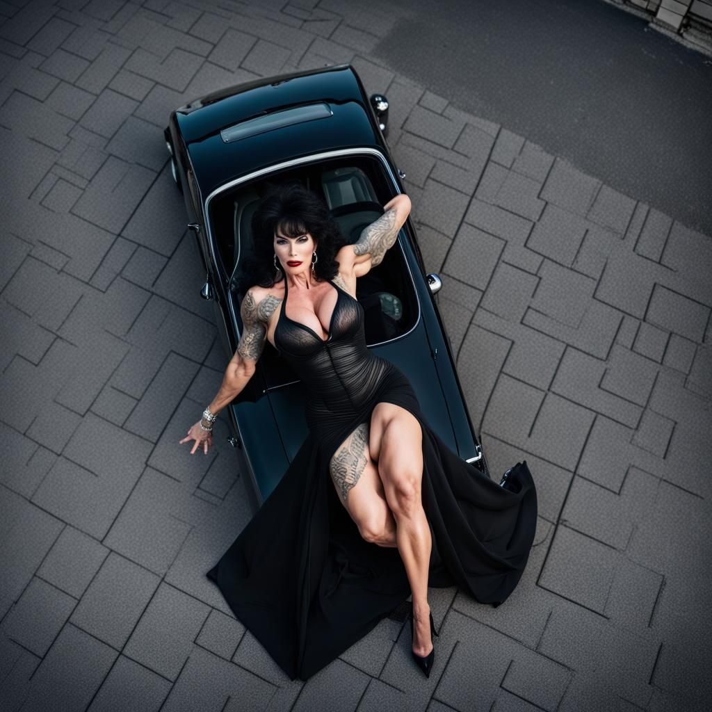 Elvira as Bodybuilder on Car Roof