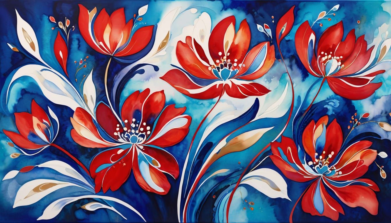 Abstract Floral Painting with Red and White Flowers