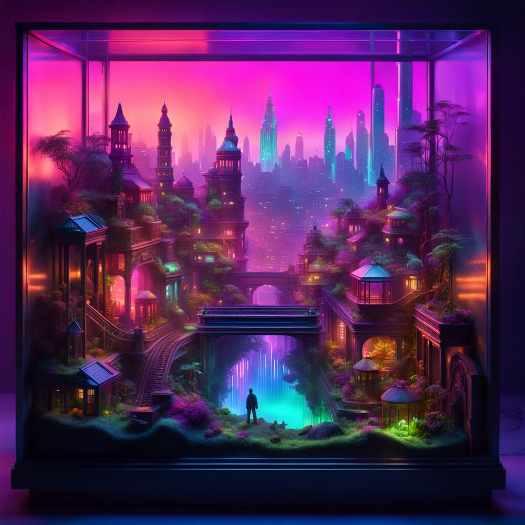 Metropolis in Terrarium: Neon and Pastel Cityscape