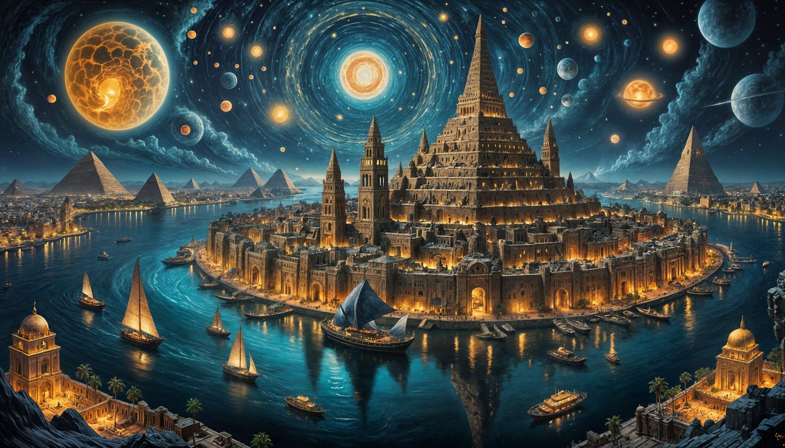 Atlantis Glows at Night Under Surreal Galaxy Sky