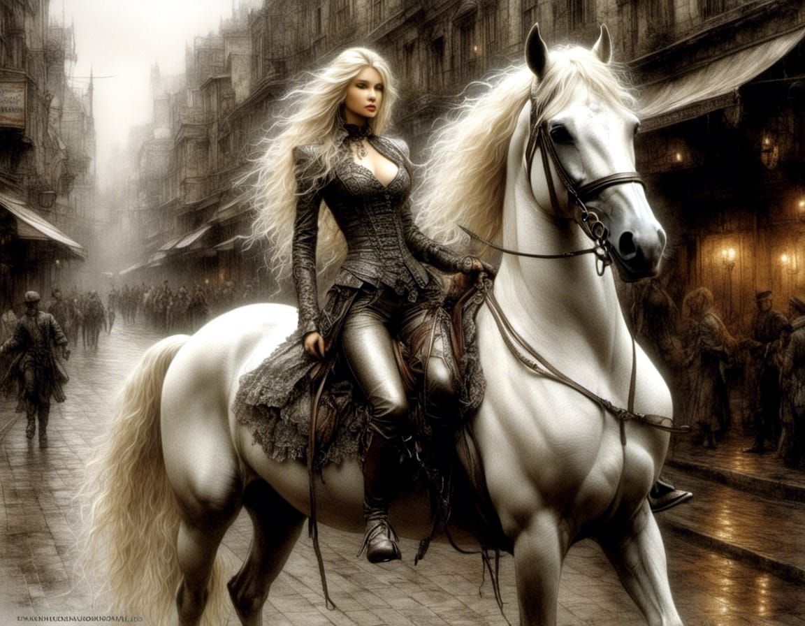 Victorian Woman on Horseback, Luis Royo Style