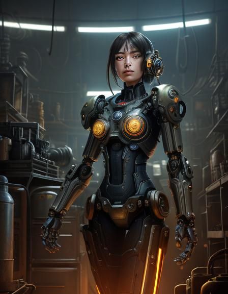 Teslapunk. Medium shot. A robot girl examines her surroundin...