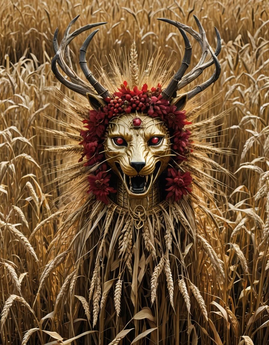 Wicker Animal Effigy with Pagan Wreath in Autumn Field