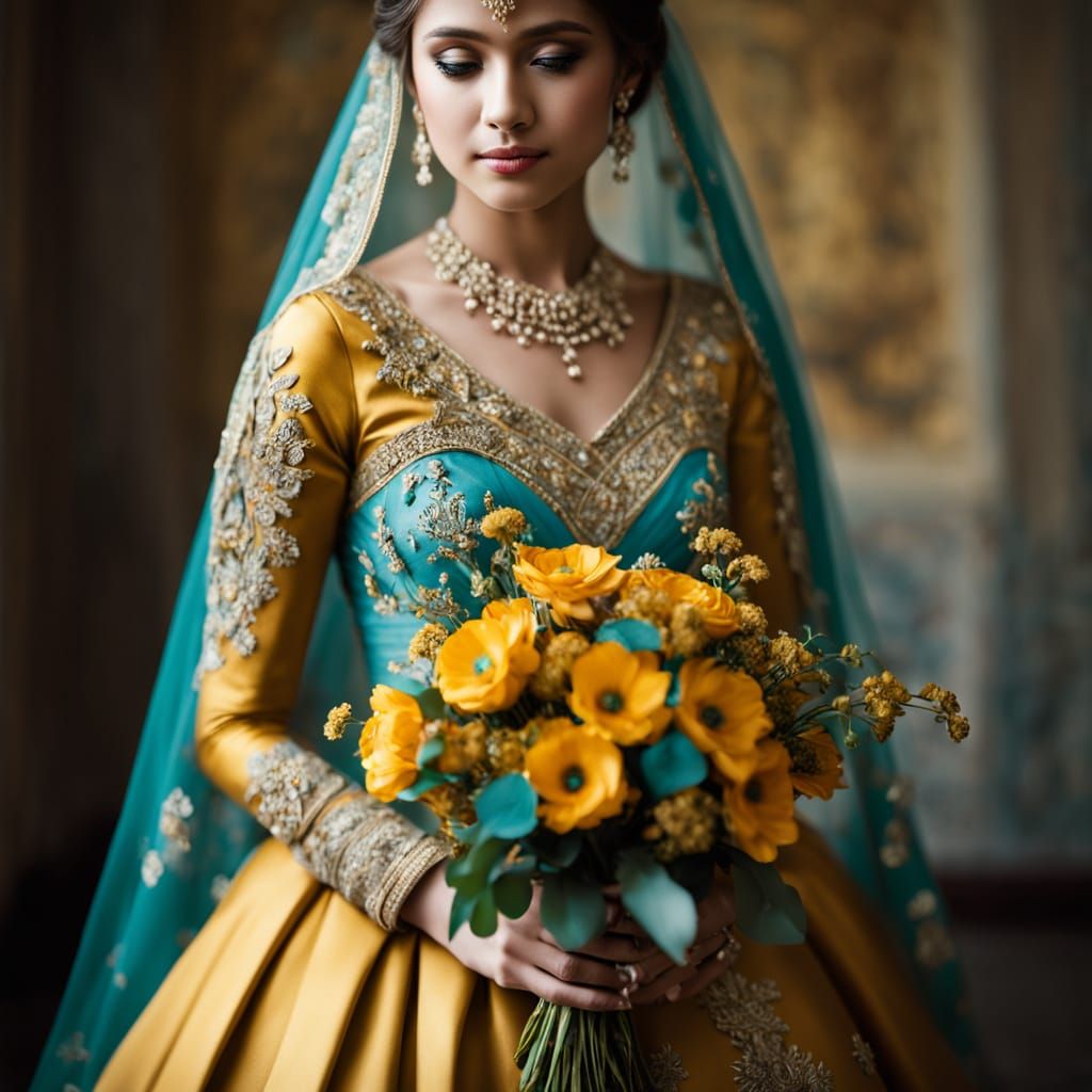 Bride in Mustard and Turquoise Gown