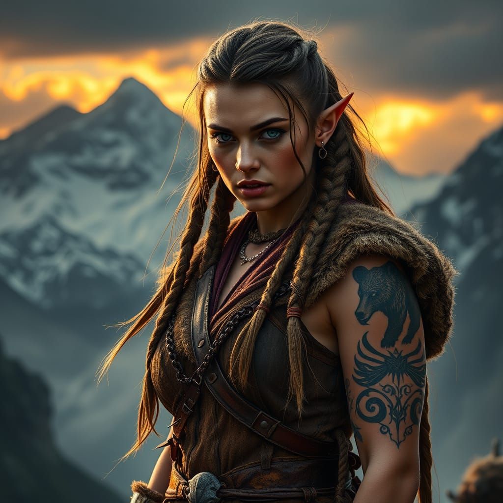 Half-Elf Barbarian Huntress in Dramatic Mountain Setting