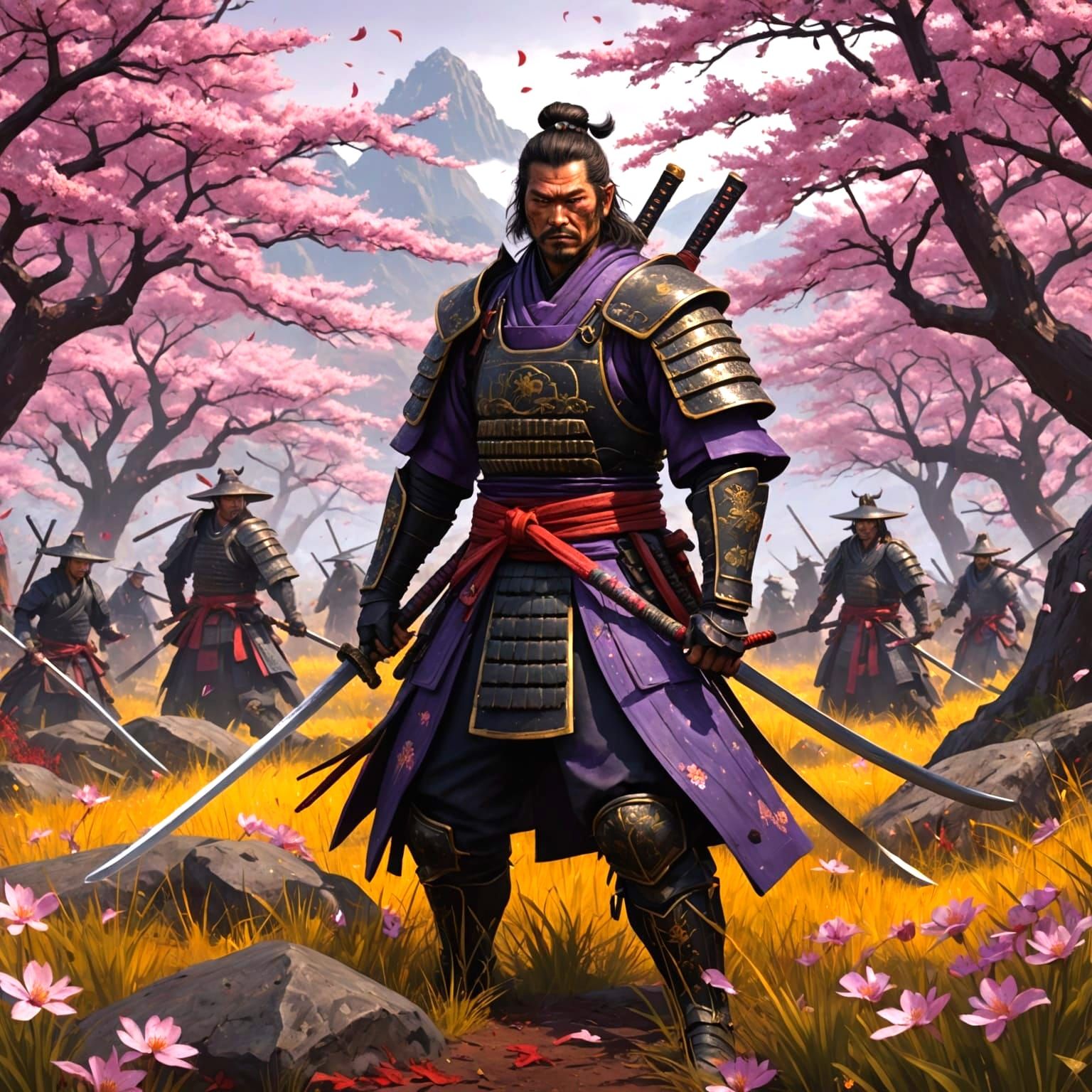 Samurai with Katana in Bloody Battlefield