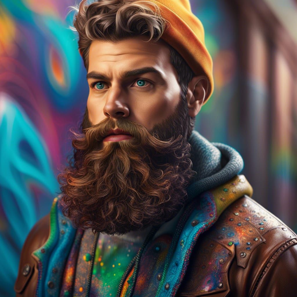 Hyperrealistic Portrait of Bearded Hipster Man