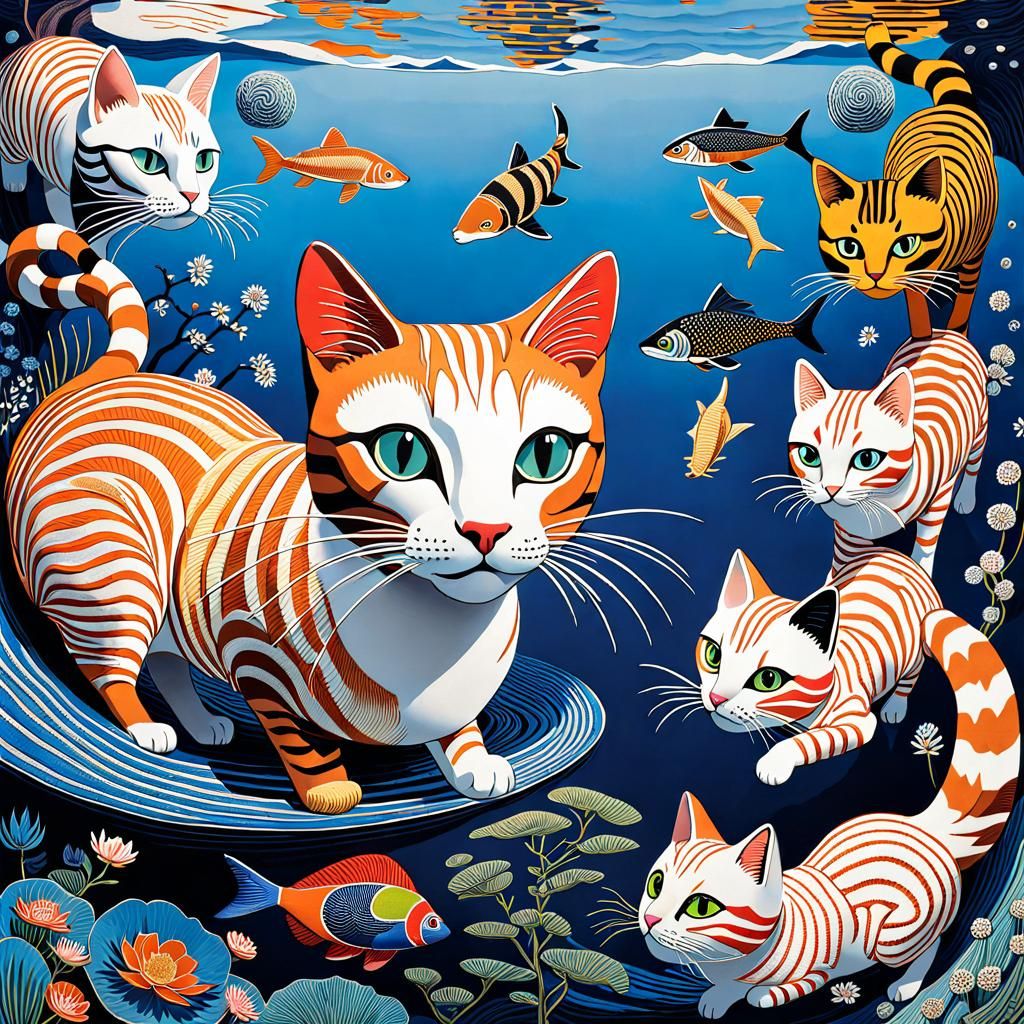 Whimsical Cats Swimming in Vibrant Colors