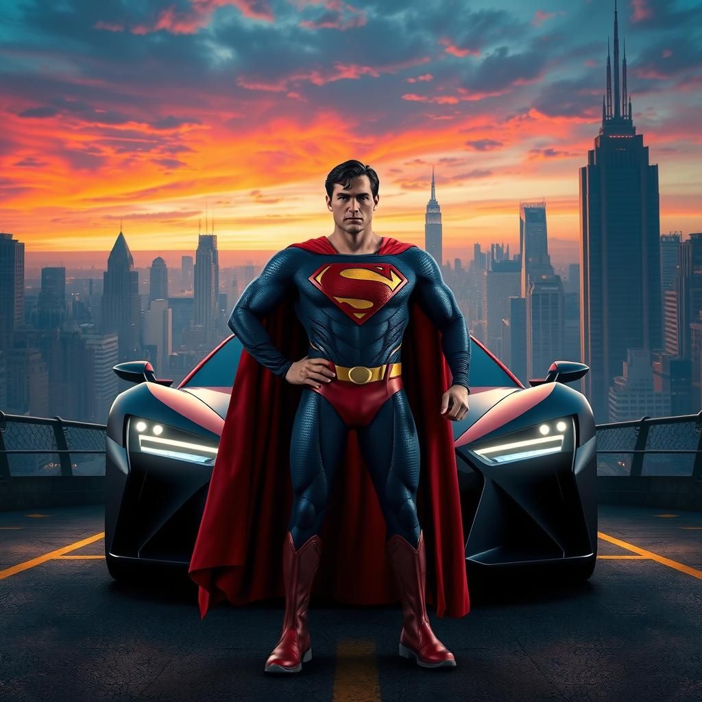 Superman and Futuristic Car in Digital Art Style