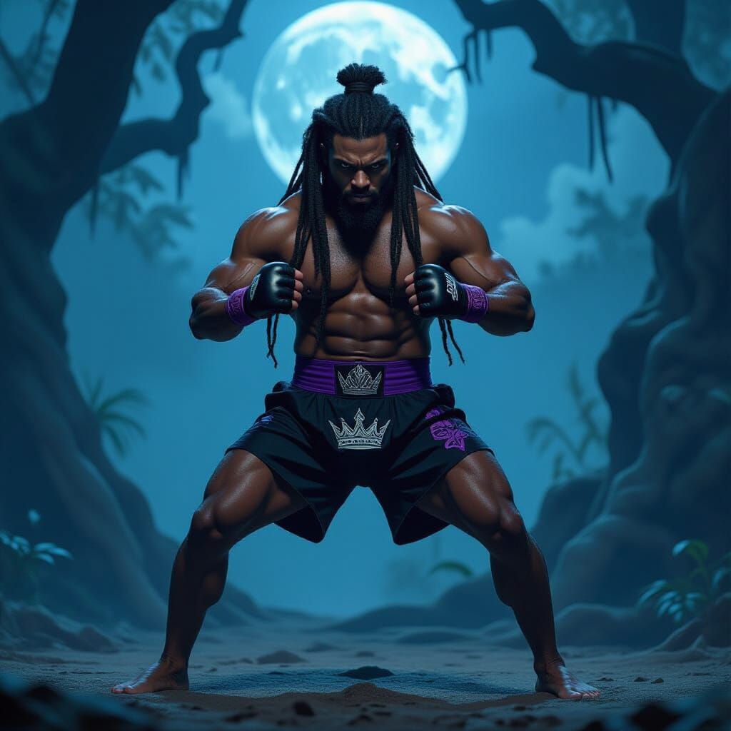 Muay Thai Fighter in Moonlit Forest