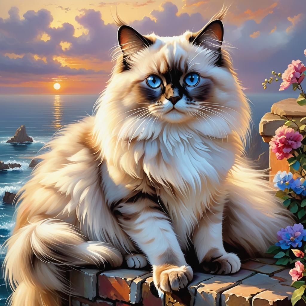 Birman Cat at Sunset: Ethereal Fantasy Scene