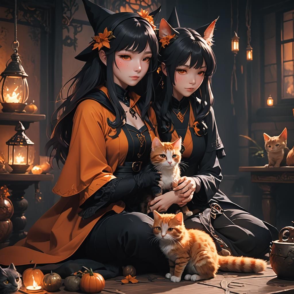 Mystical Witch with Cats: 3D Anime Art