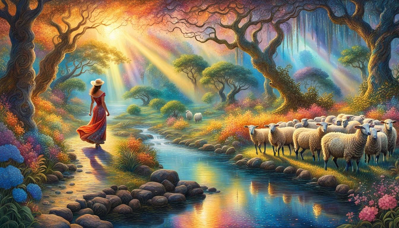 Enchanted River Scene with Woman in Silk Dress