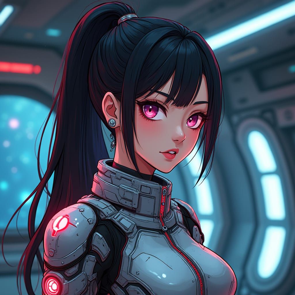 Cyberpunk Warrior Woman in Starship Bridge Background