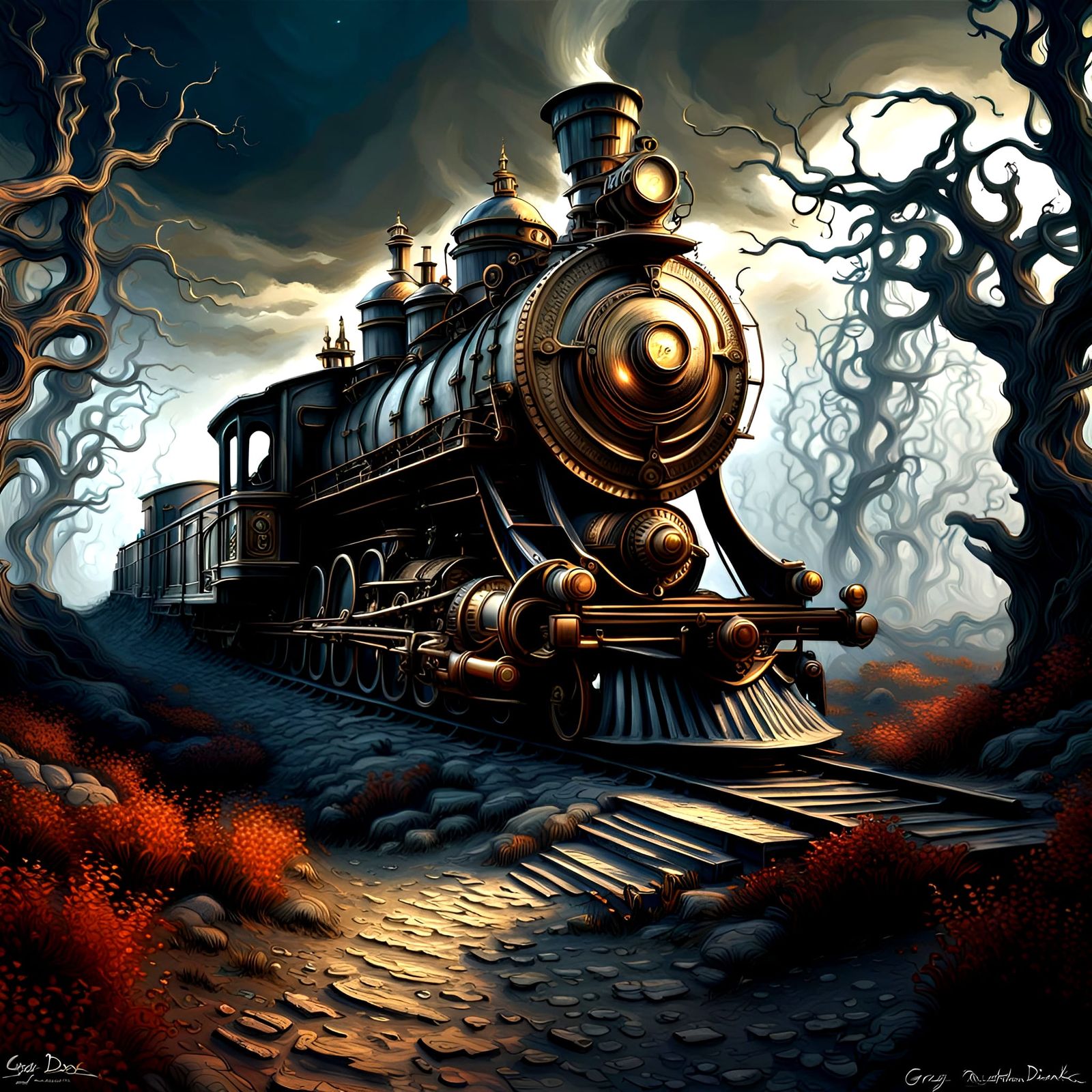 Steampunk Fantasy Train Unfolds in a Haunting Landscape