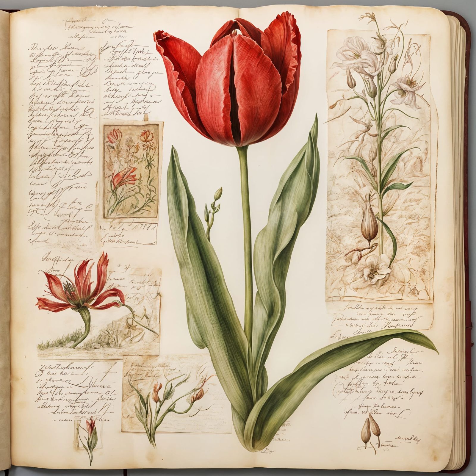 Giant Red Tulip in a Victorian Botanist's Notebook