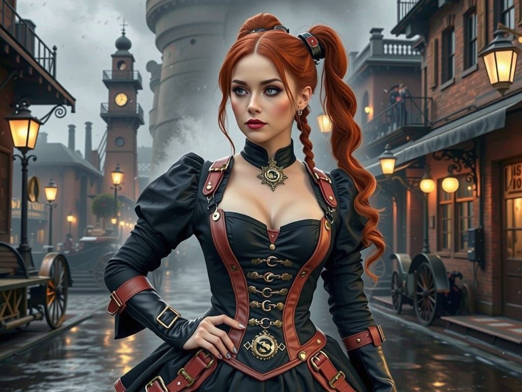 Steampunk Goddess Stands Tall in Victorian City
