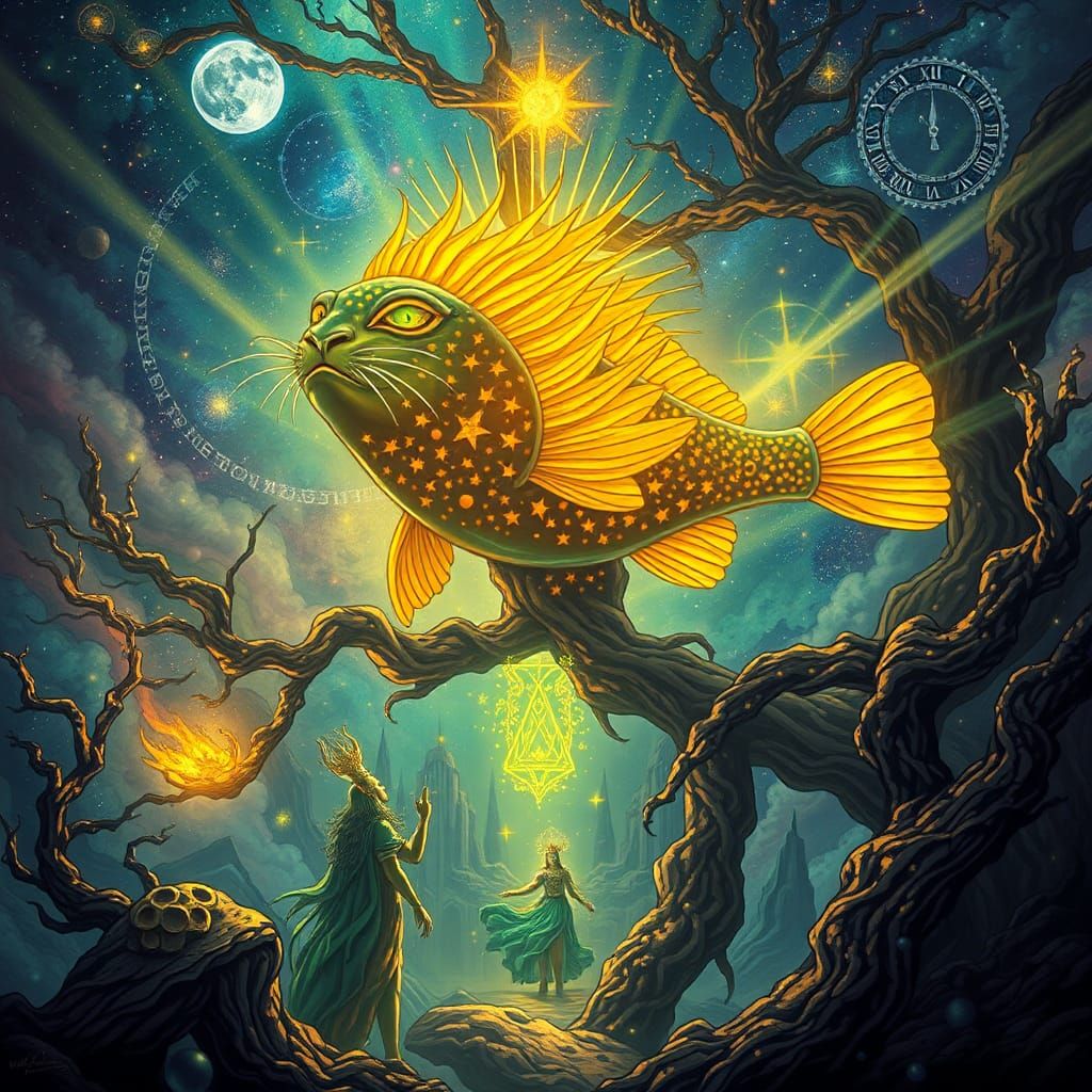 Cosmic Deity and Sky Panther in Dreamlike Realm