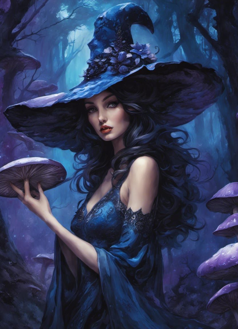 Beautiful Witch in Mushroom Forest, Detailed Pin-Up Art