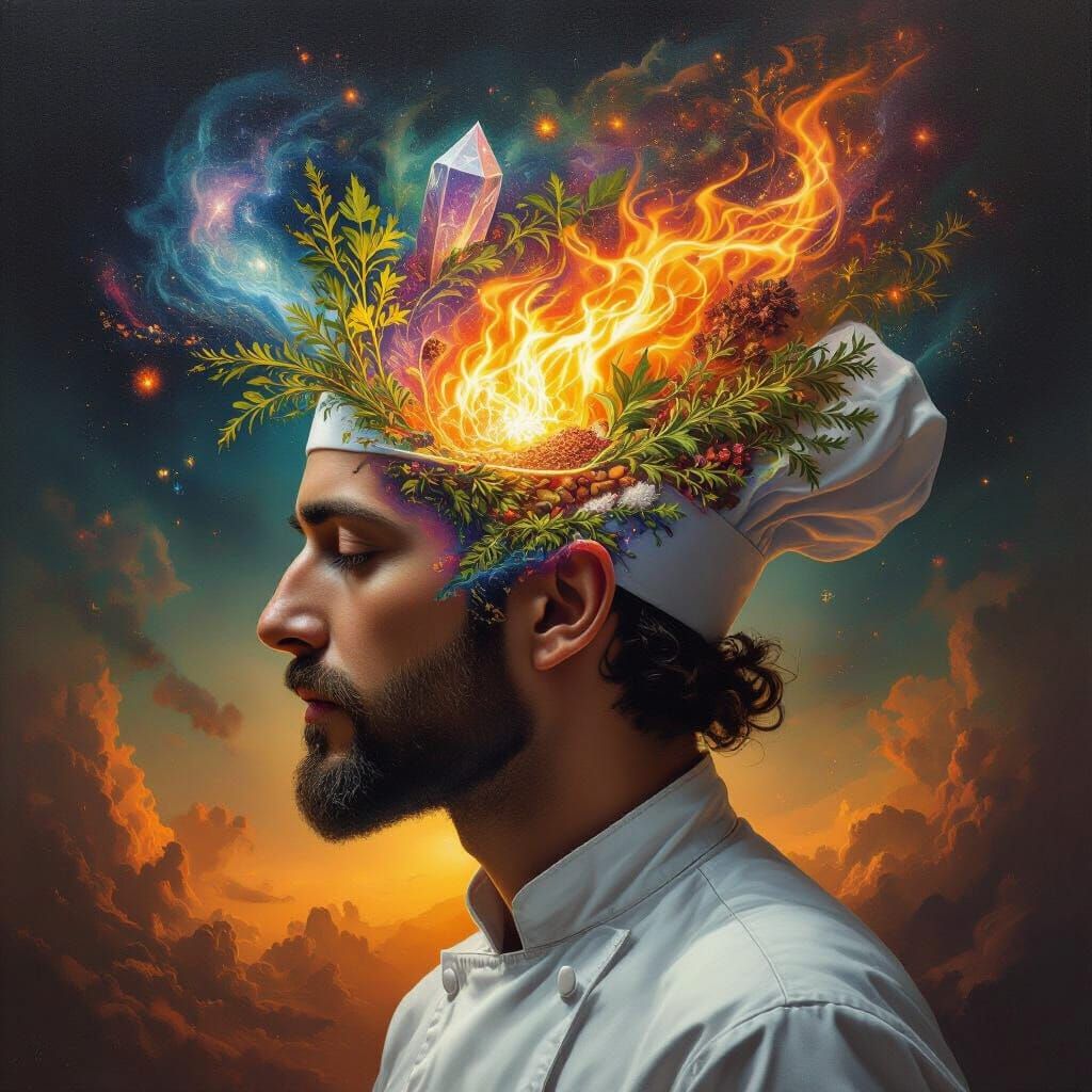 Surreal Chef's Mind: Cosmic Herbs & Sauces Oil Painting