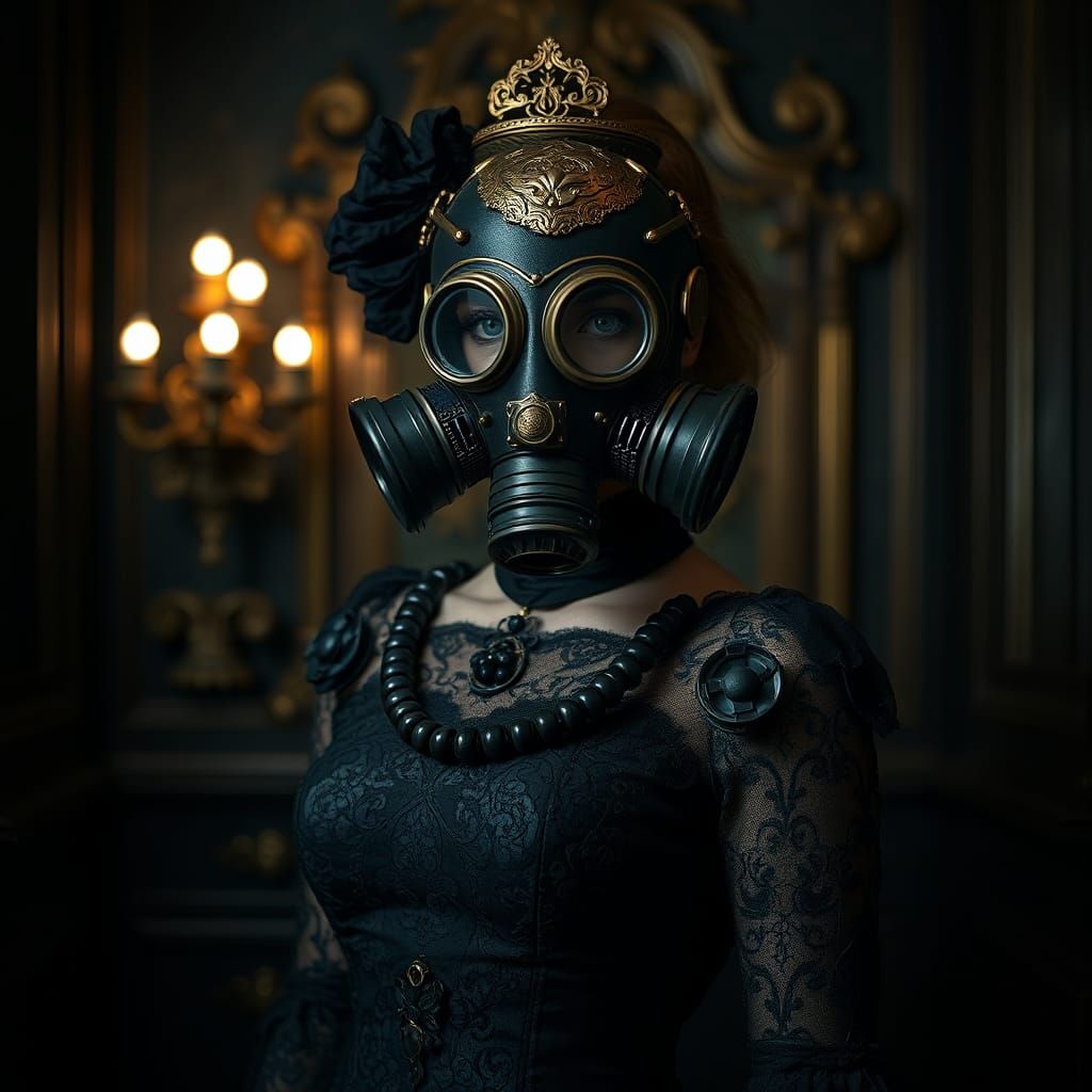 Woman in Rococo Gas Mask in Dieselpunk Style