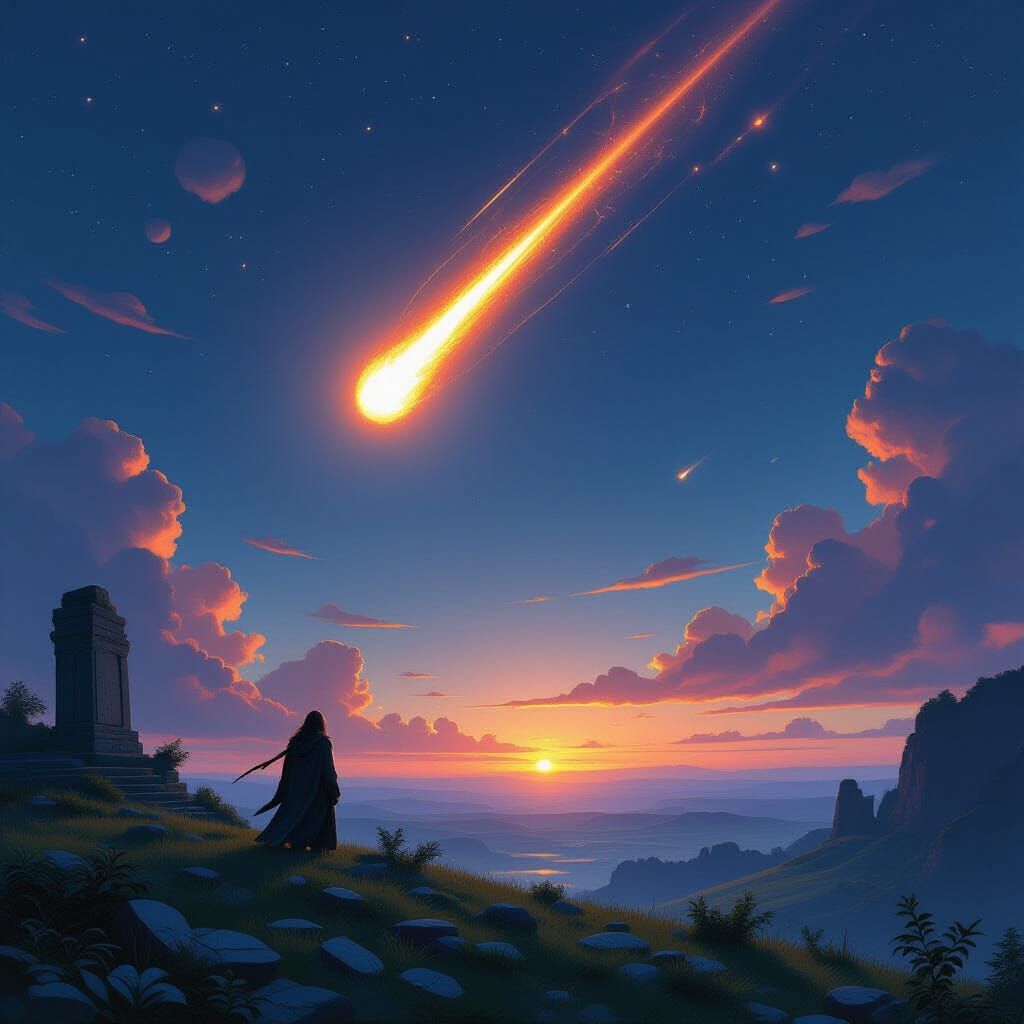 Druid Watches Meteor Strike in Fantasy Landscape