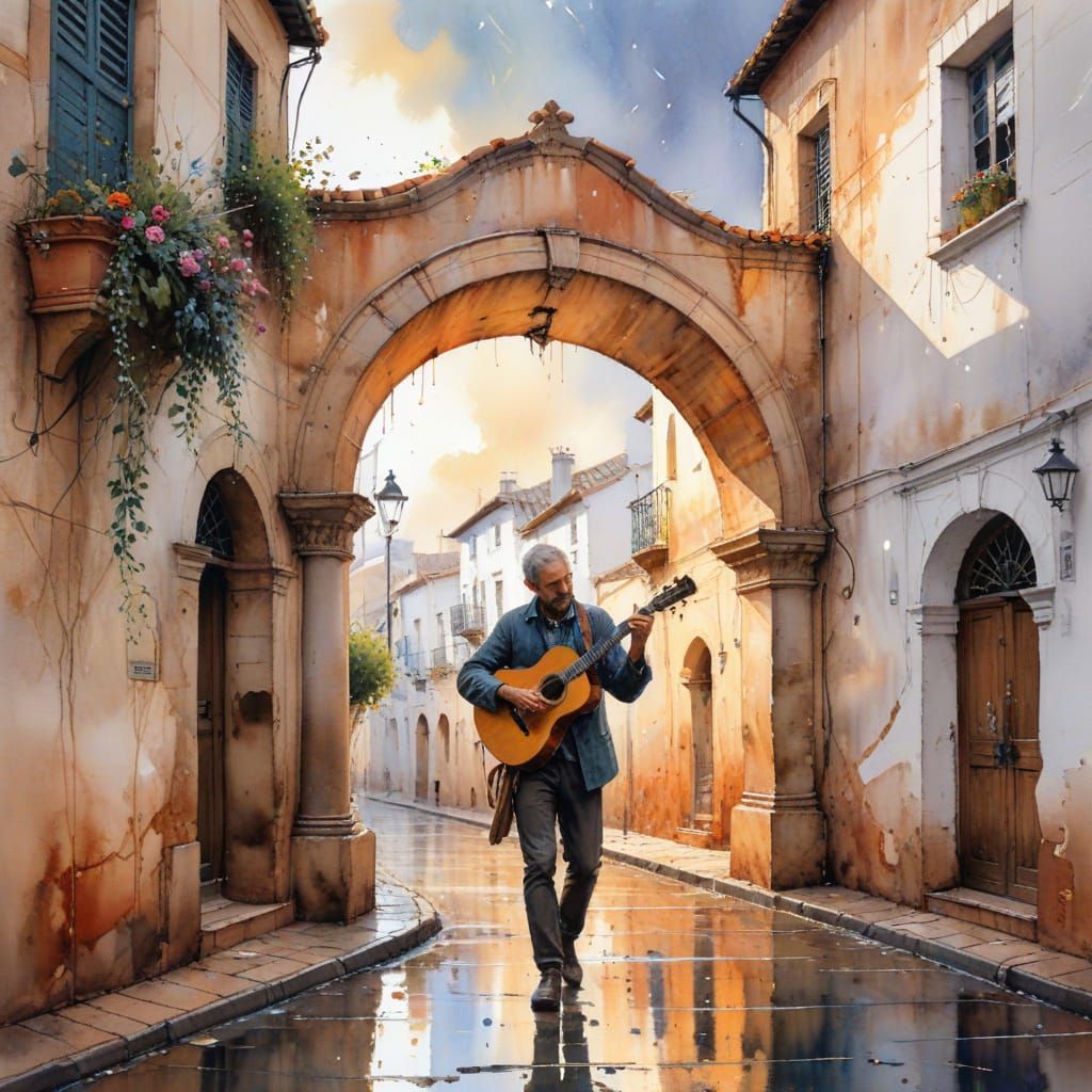 Andalusian Village Arch with Musician at Sunrise