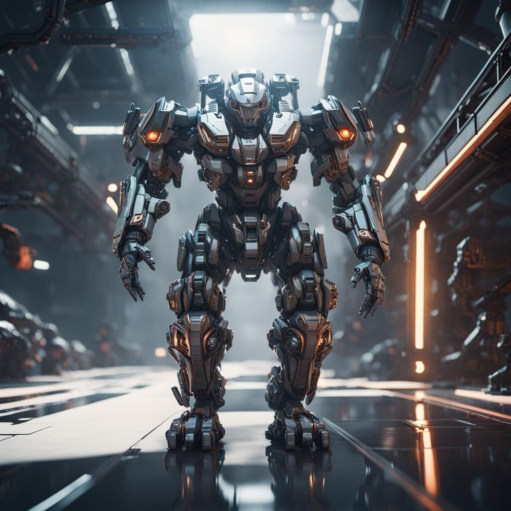 Man Driving Mech Suit in Futuristic Sci-Fi Style