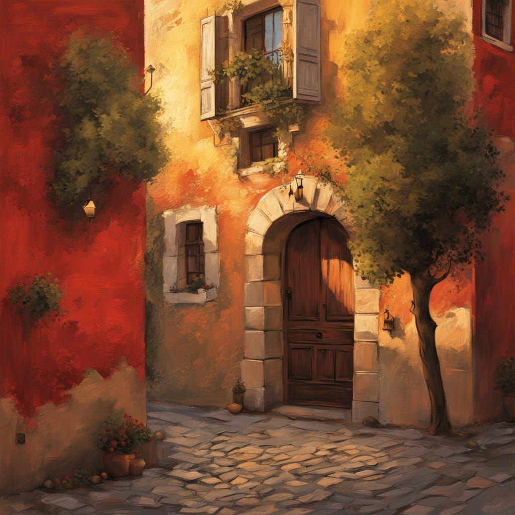 Rustic Doorway to Cobblestone Street at Dusk Oil Painting