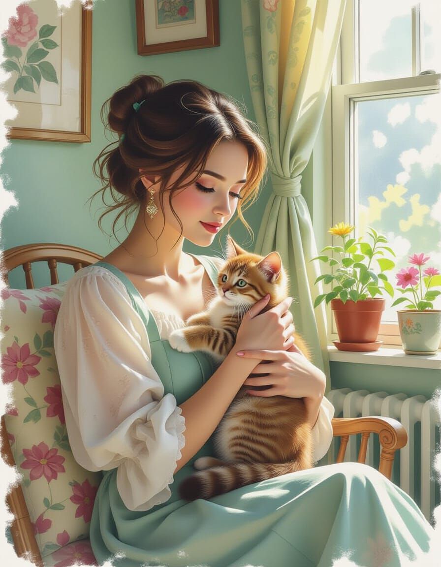 Woman Holds Kitten in Dreamlike Eco-Room