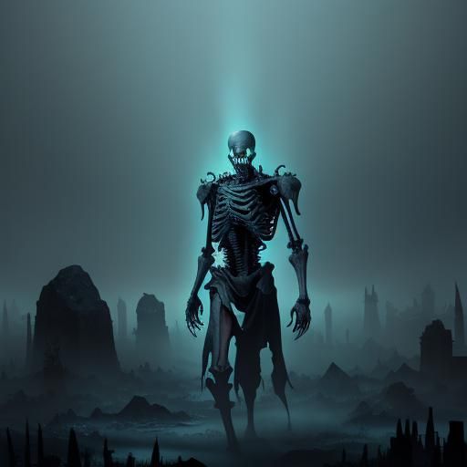Bioluminescent Bone Warrior in Misty Graveyard