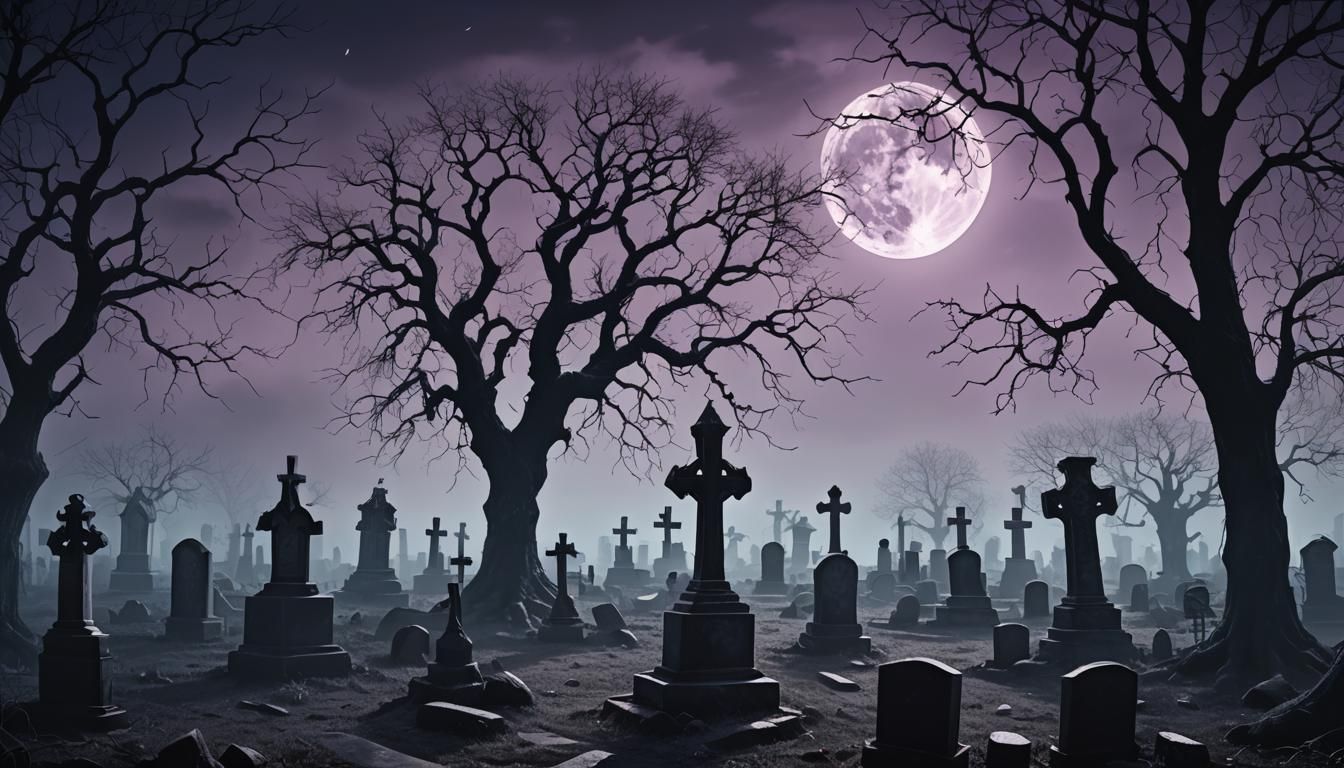 Spooky Gothic Cemetery Under a Full Moon