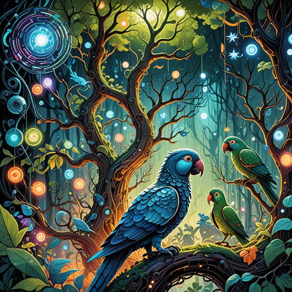 Futuristic Robots and Nature in Neon Jungle