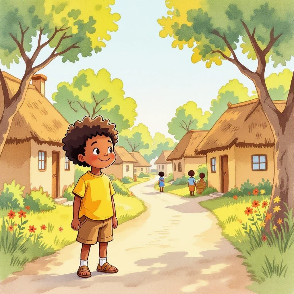 Children's Storybook: Cheerful African Boy in Sunny Village