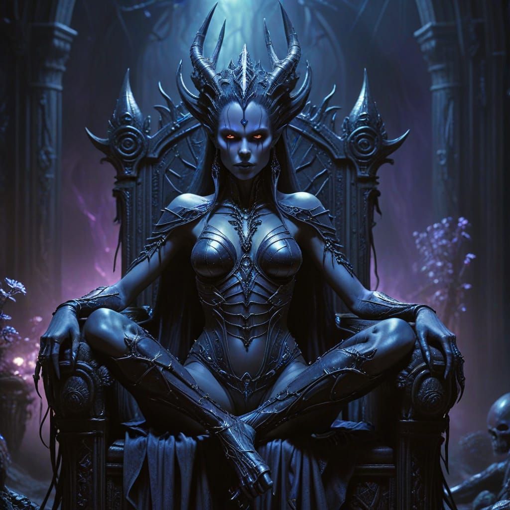 Dark Elf Queen on Throne in Gothic Style