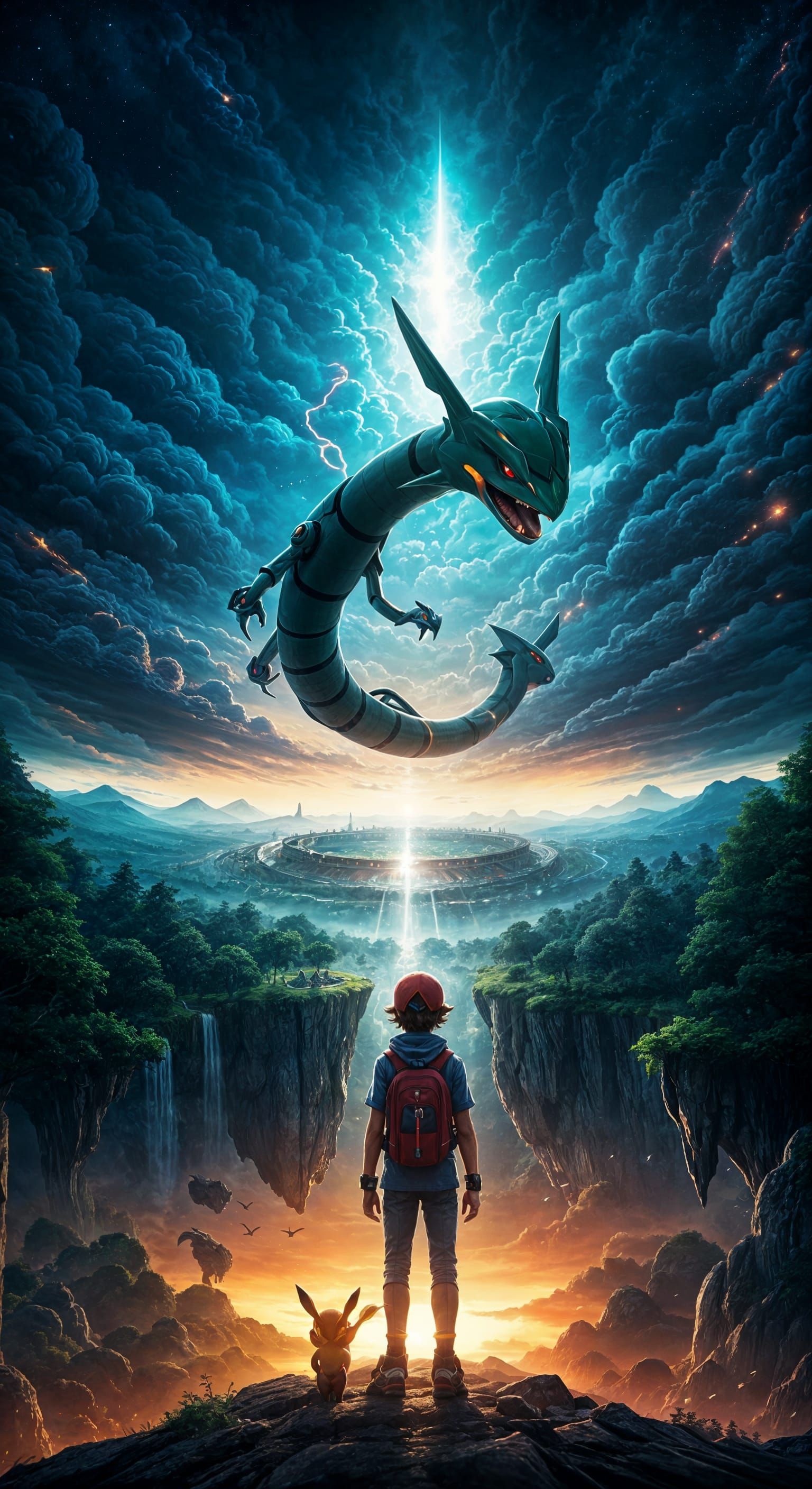 Epic Pokémon Realm in Cyberpunk Anime Style