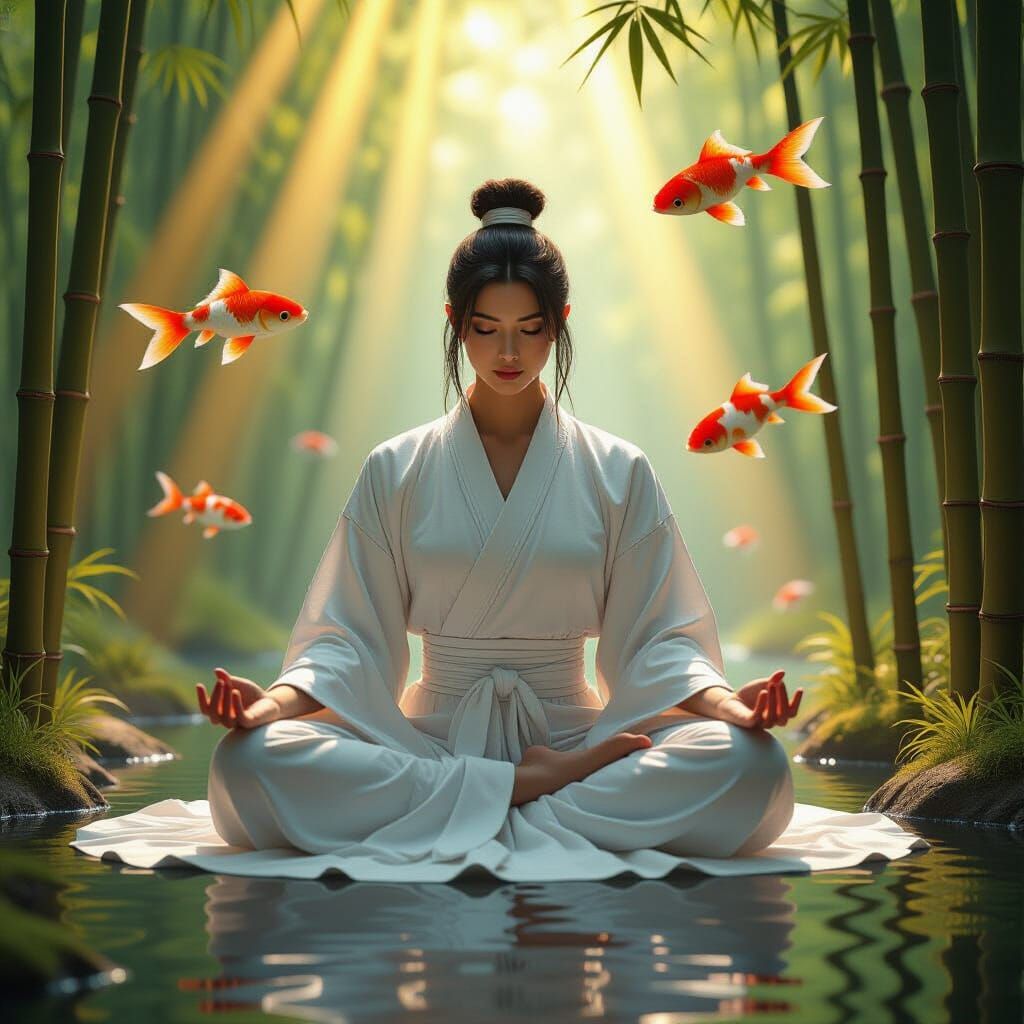 Yogi in Bamboo Grove with Koi Spirit Fish