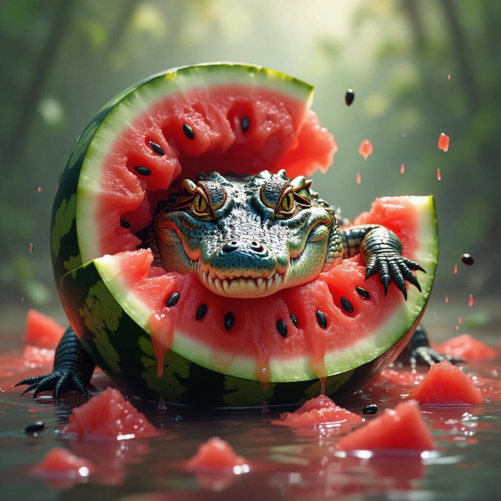Crocodile Stuck in Ripe Watermelon, Hyperrealistic Digital A...