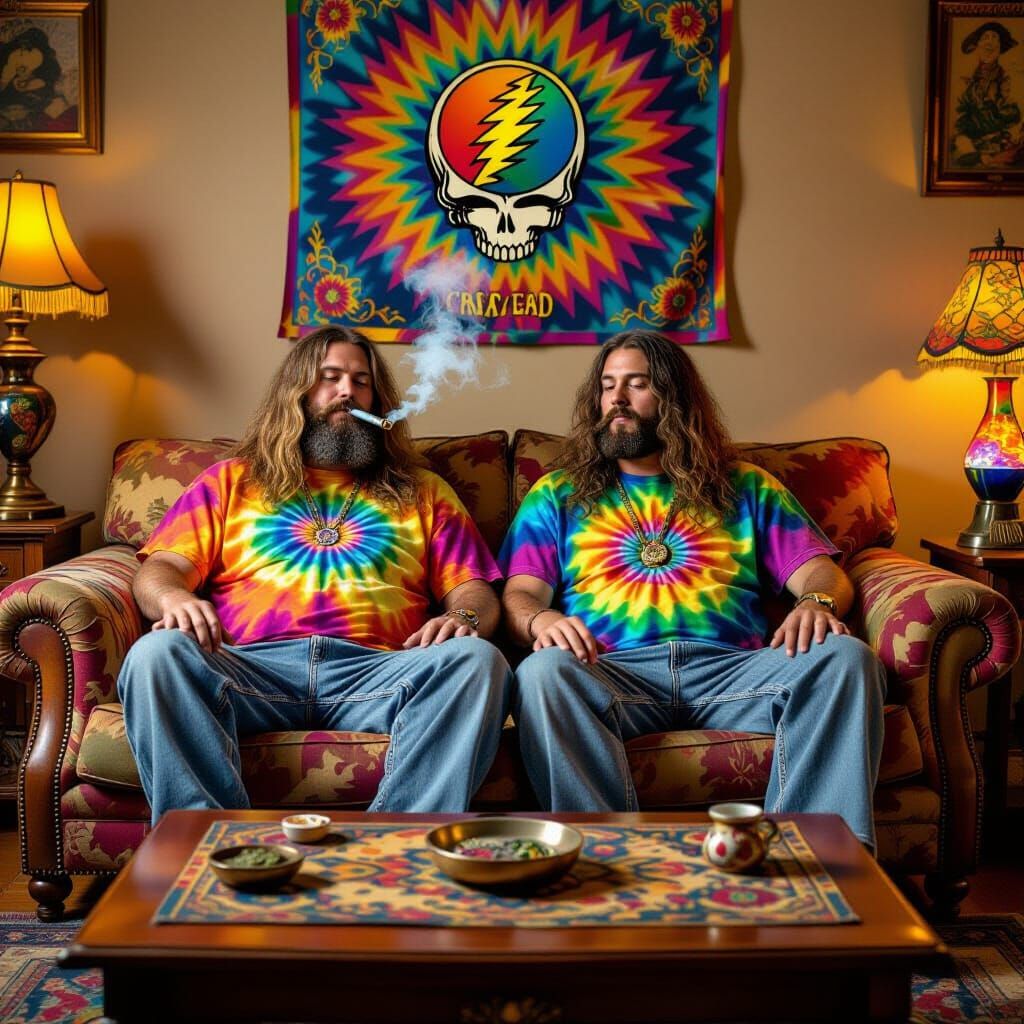 Psychedelic Hippies Smoking Bong in 1960s Living Room