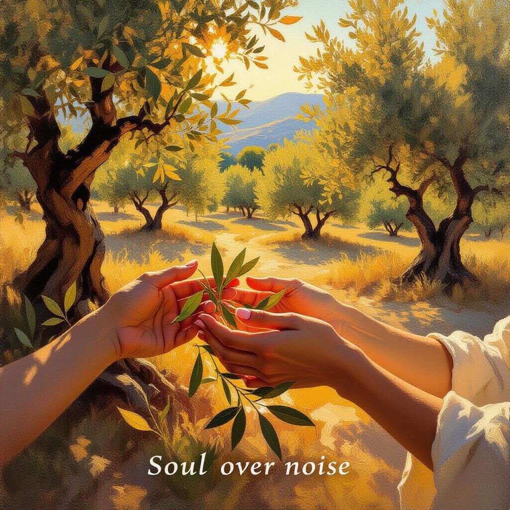 Hands Gently Touching Olive Leaves in Golden Sunlight