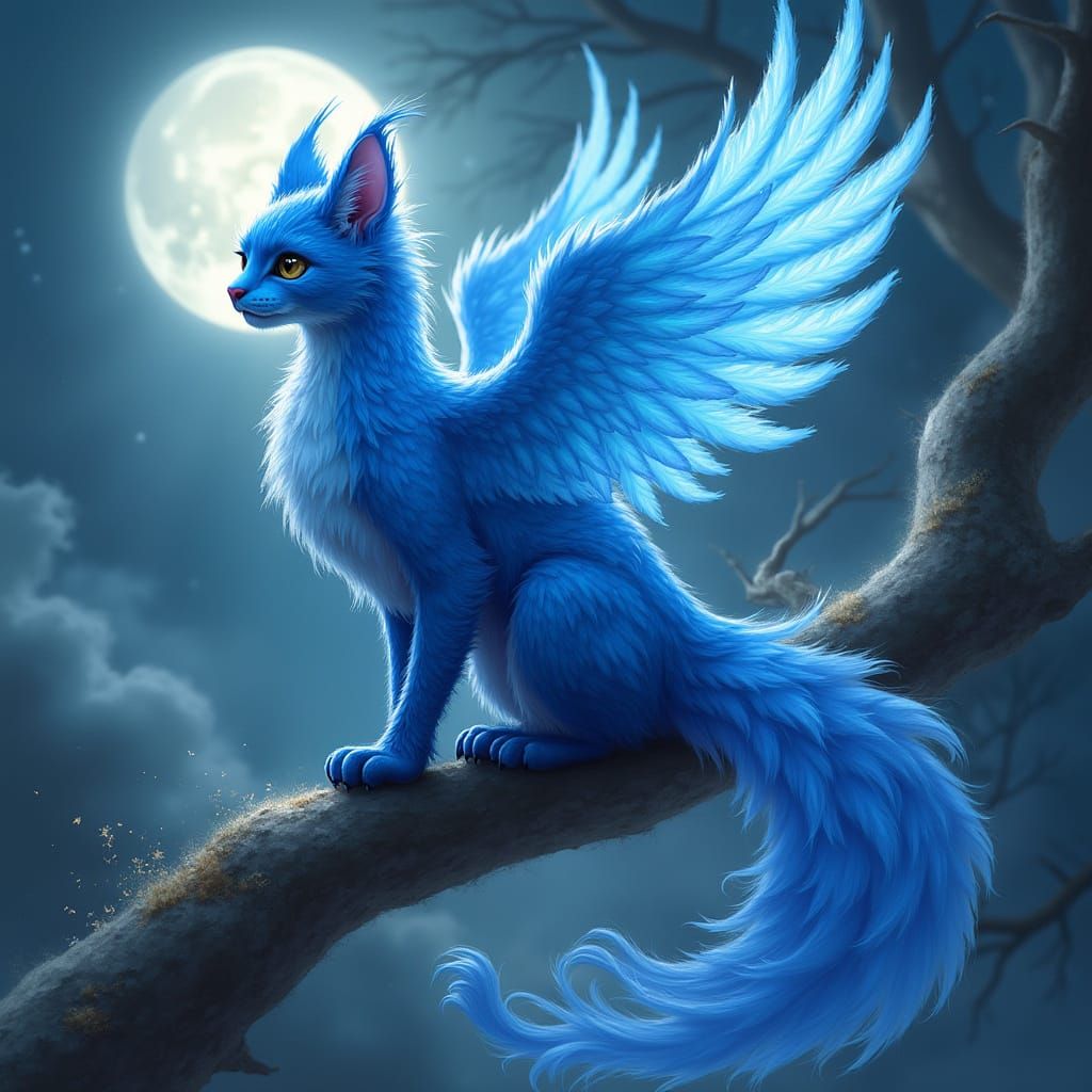 Whimsical Blue Phoenix Cat in Moonlit Dreamscape