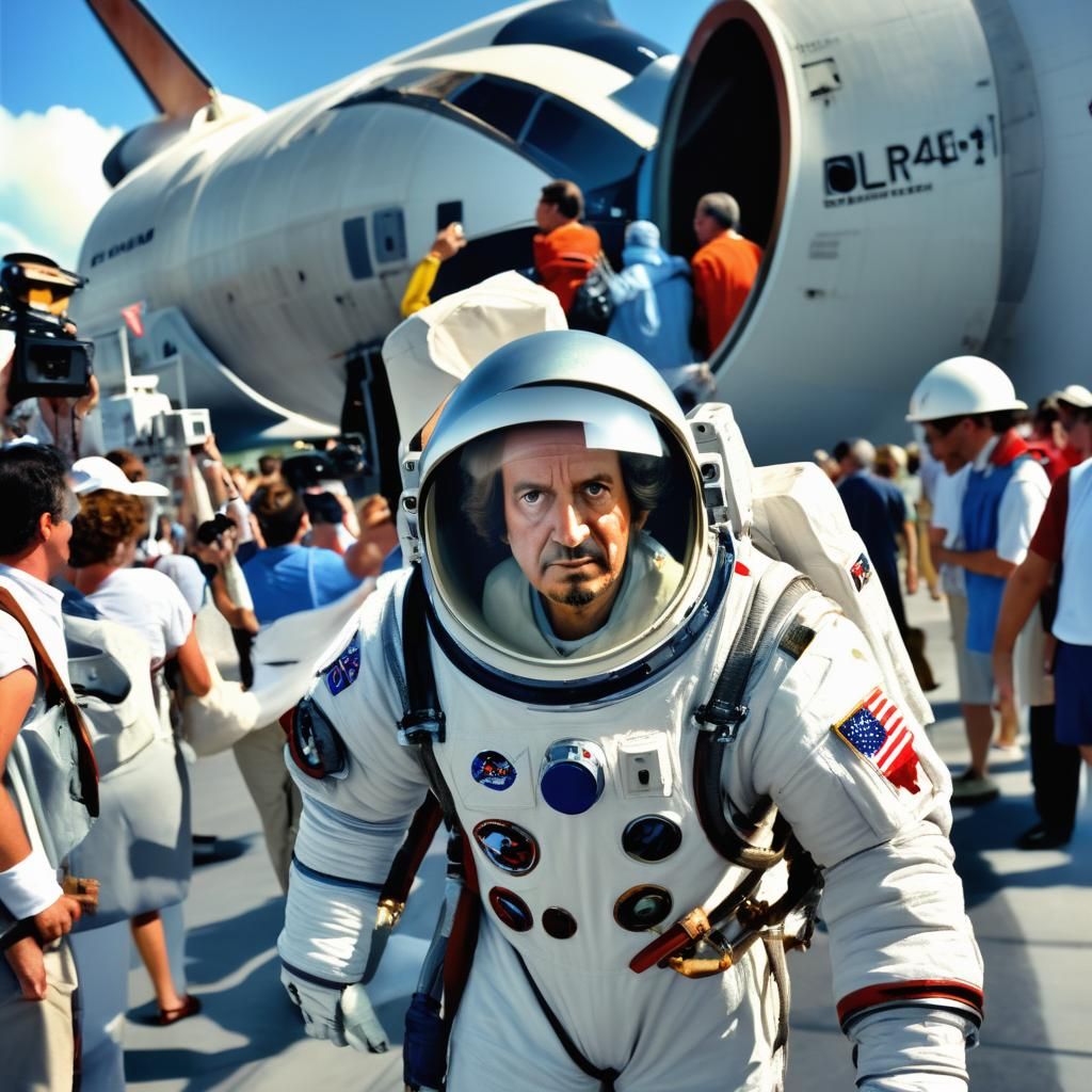 Christopher Columbus, dressed in an astronaut's suit, prepares to board the space shuttle at Cape Canaveral. (DC #625)