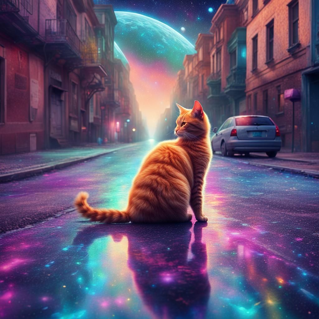 Astral Cosmic Cat in Street Scene by Amaringo
